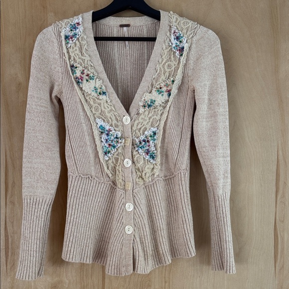 Free People Beige Cardigan with Floral Details - Picture 1 of 8